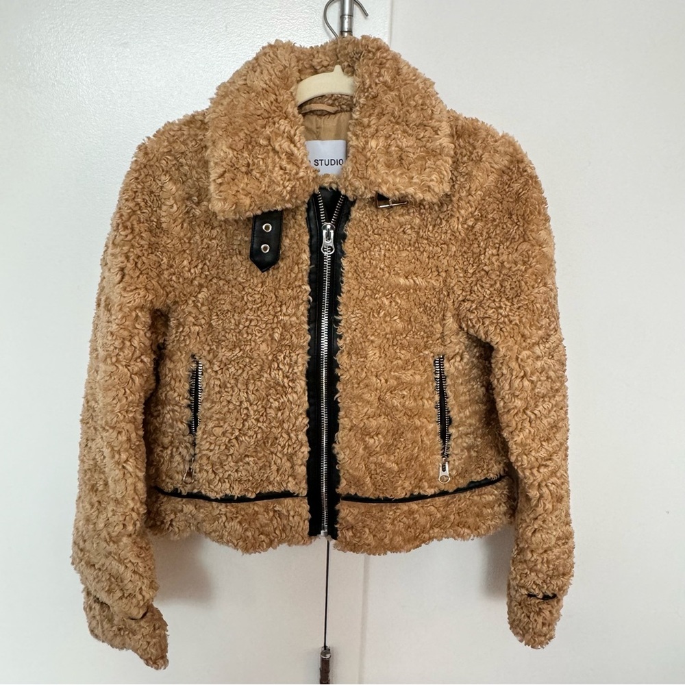 Stand Studio Faux Fur Jacket w/ Vegan Leather Trim, Size XS, like new condition